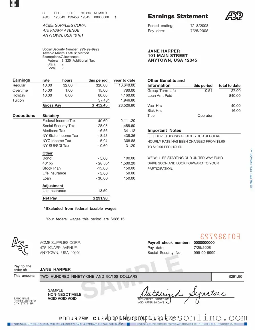 Fillable Adp Pay Stub Form
