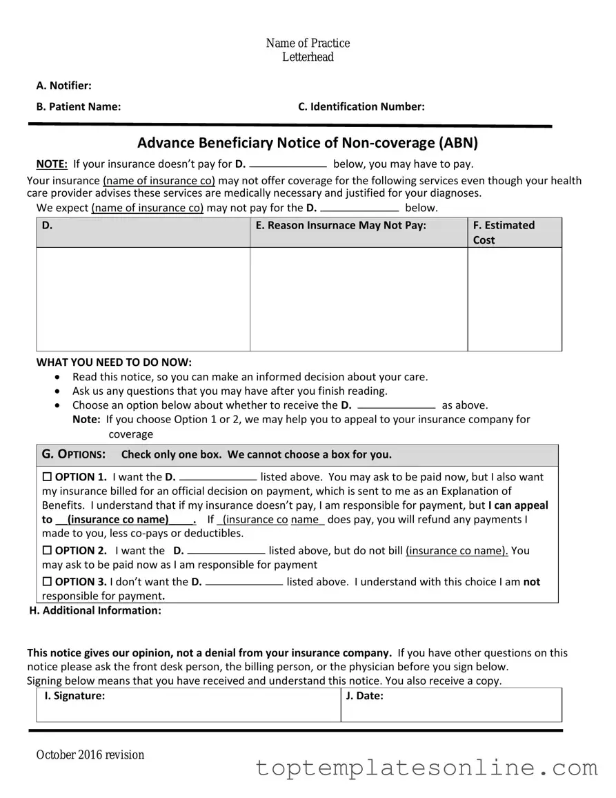 Fillable Advance Beneficiary Notice of Non-coverage Form