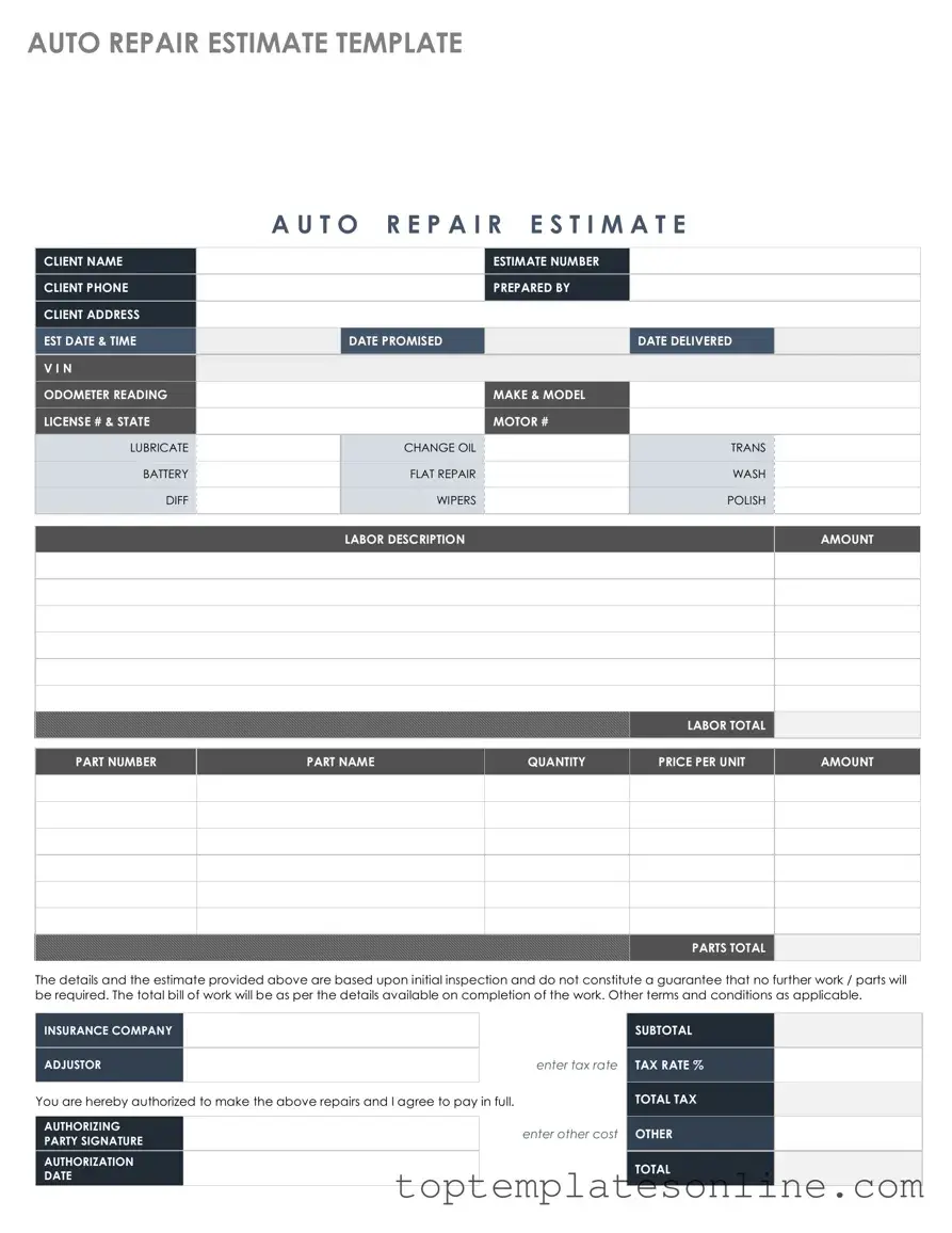 Fillable Auto Repair Estimate Form