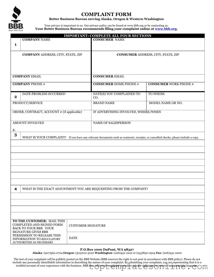 Fillable Bbb Complaint Form
