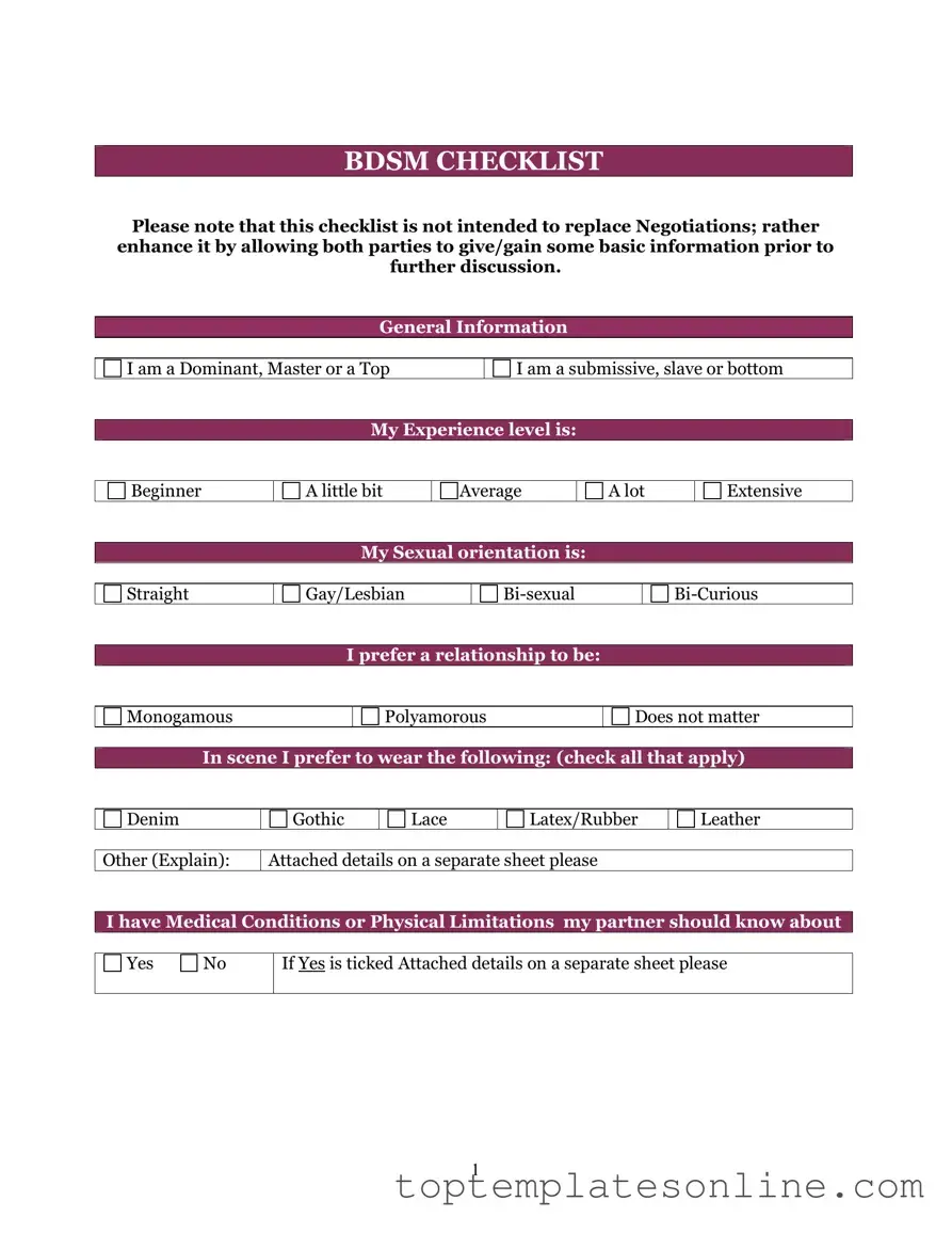 Fillable Bdsm Checklist Form
