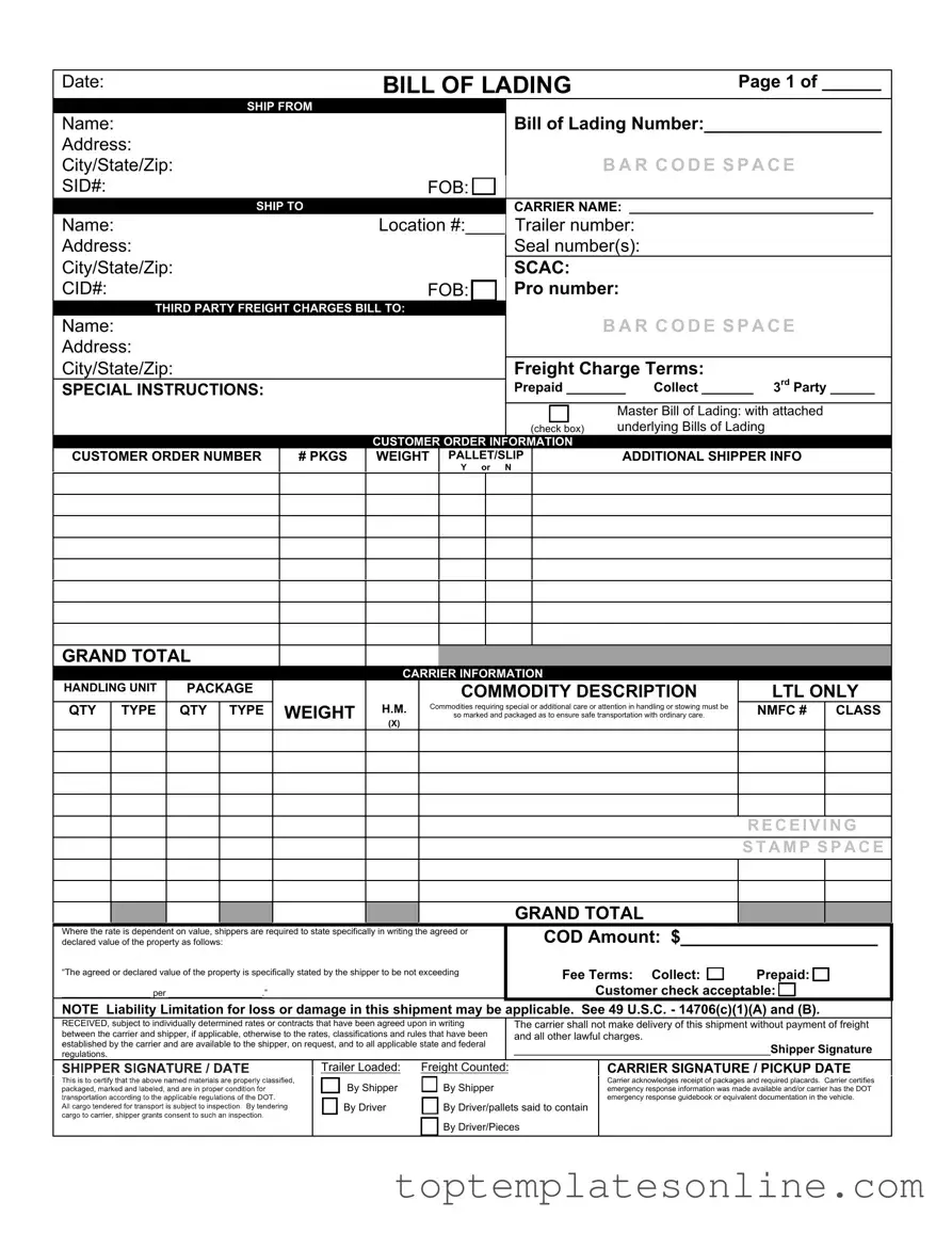 Fillable Bill of Lading with a Supplement Form