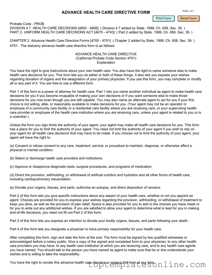 Fillable California Advanced Health Care Directive Form