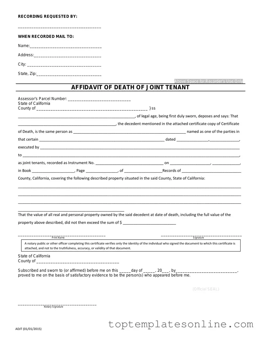 Fillable California Death of a Joint Tenant Affidavit Form