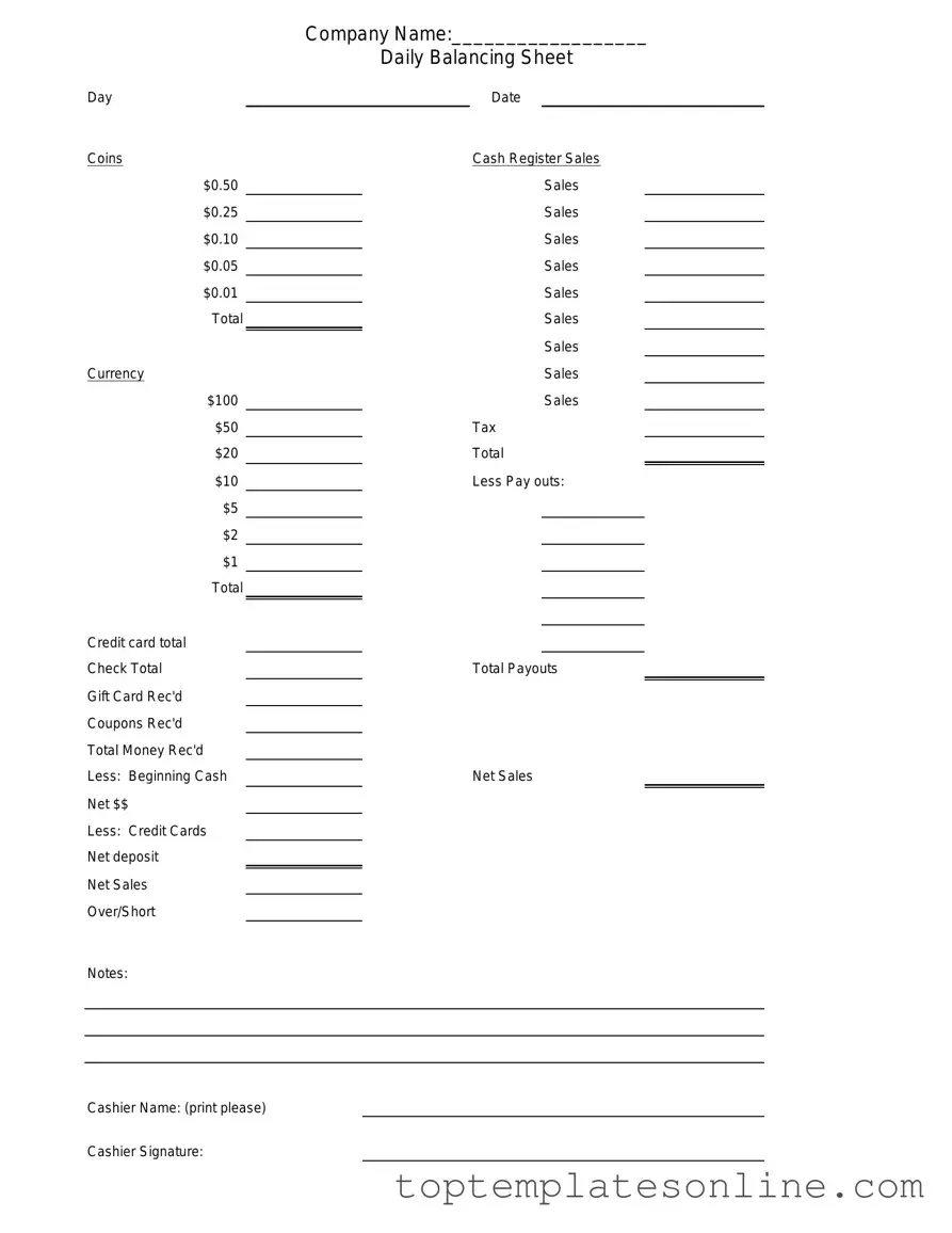 Fillable Cash Drawer Count Sheet Form