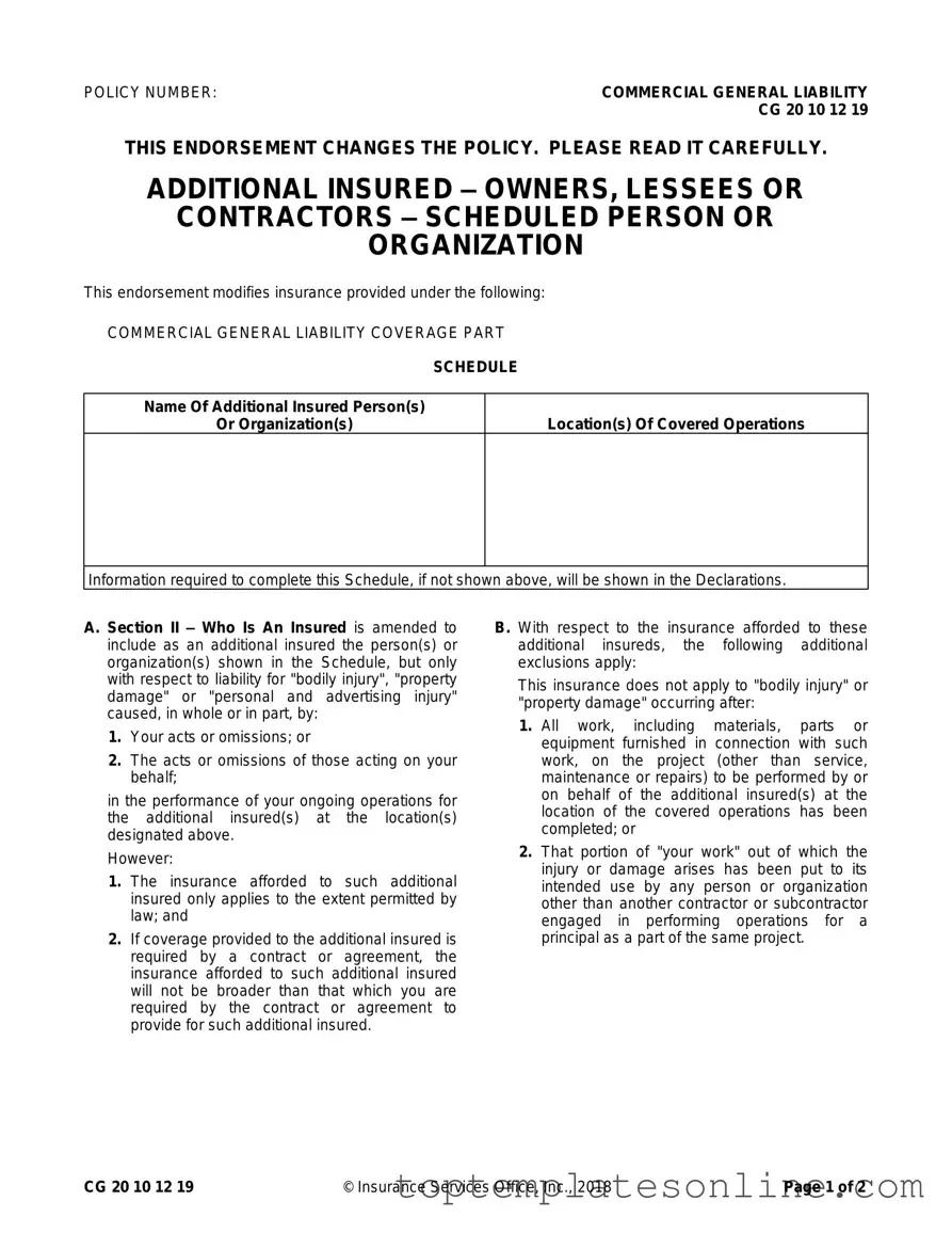 Fillable Cg 20 10 07 04 Liability Endorsement Form