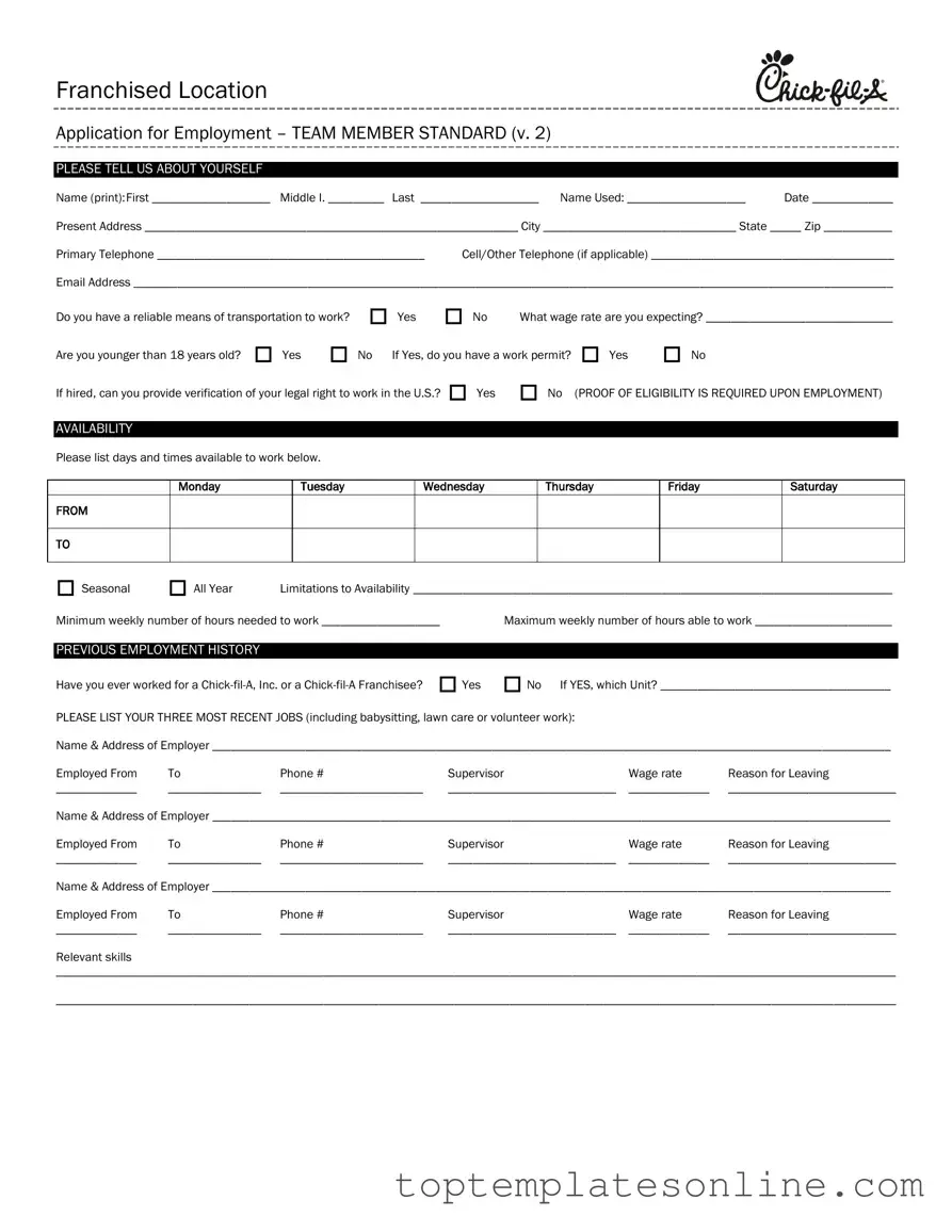 Fillable Chick Fil A Job Application Form