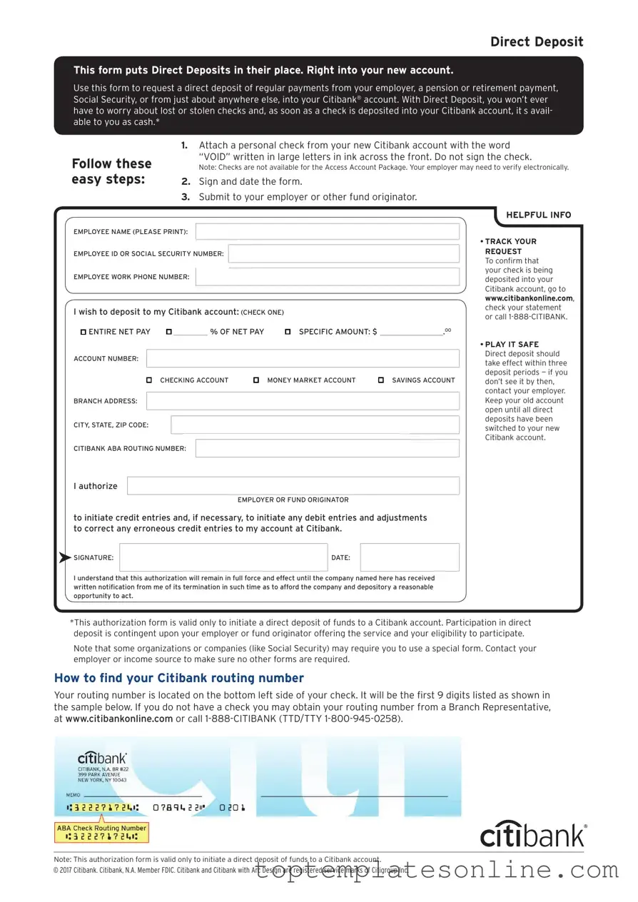 Fillable Citibank Direct Deposit Form