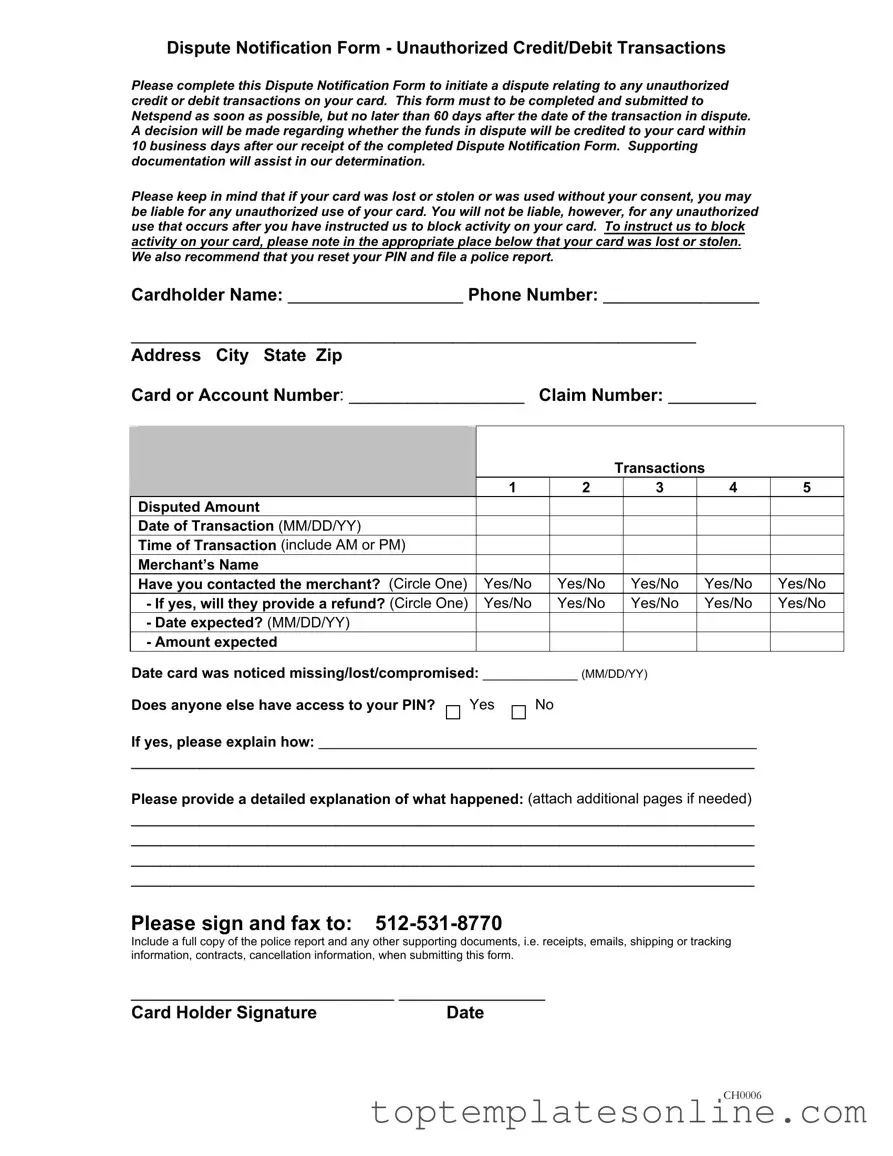 Fillable Netspend Dispute Form