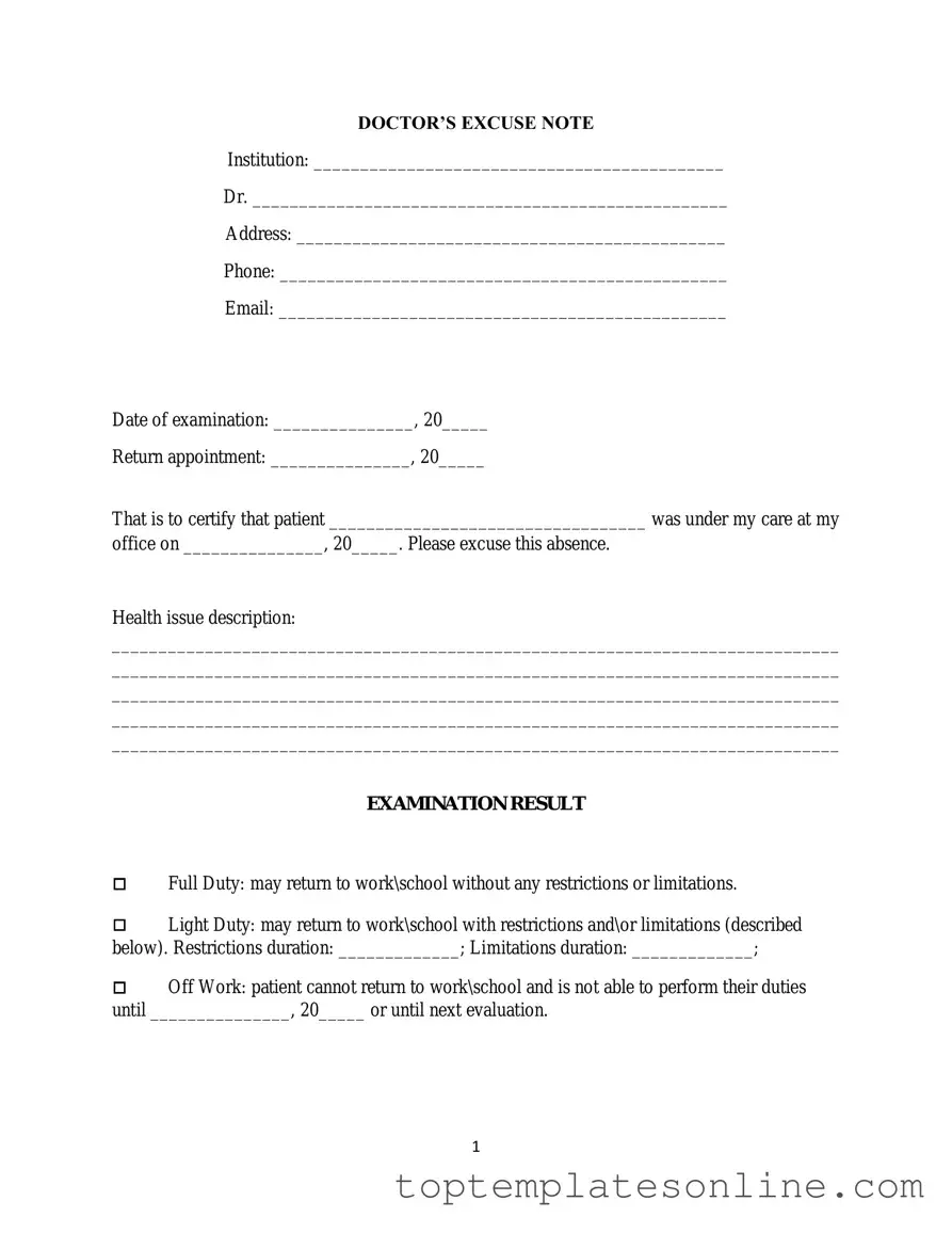 Fillable Doctors Excuse Note Form