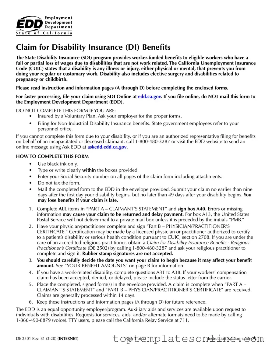 Fillable EDD DE 2501 Form