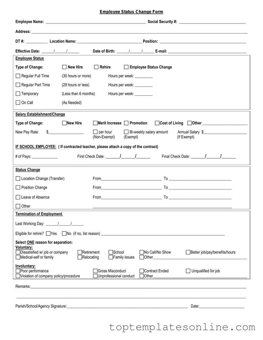 Fillable Employee Status Change Form