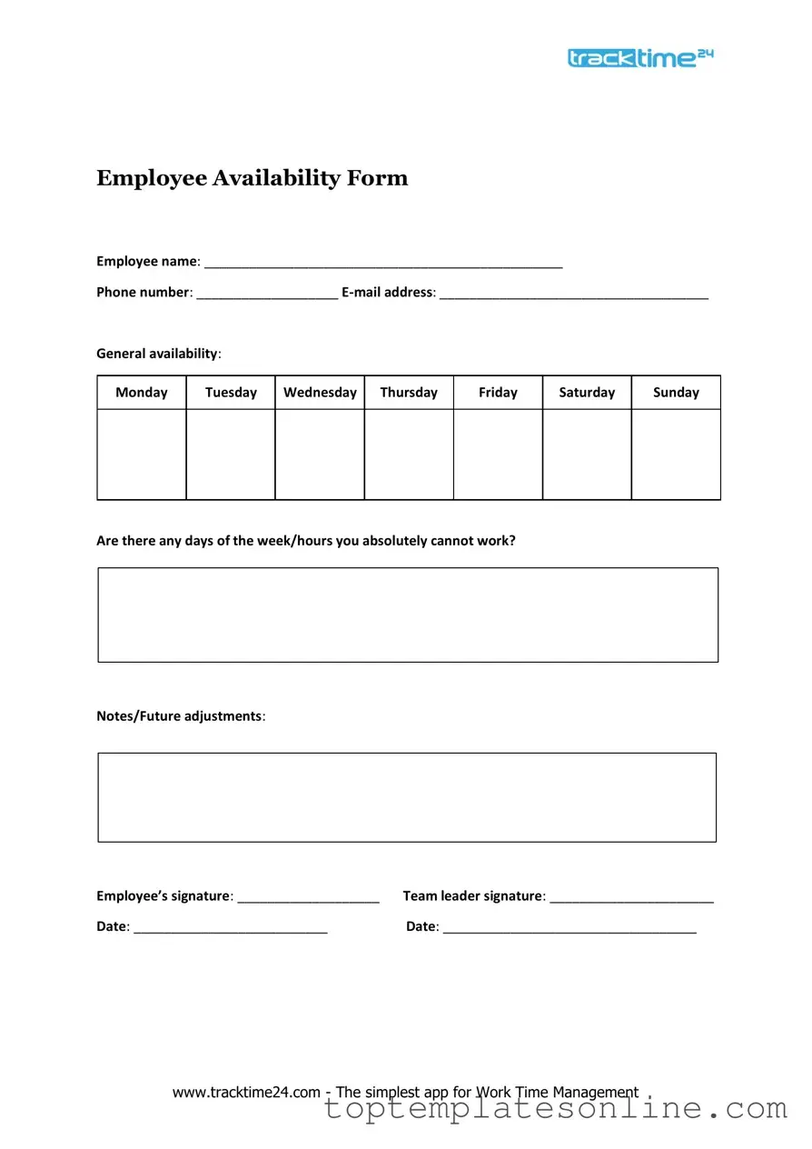 Fillable Employee Availability Form