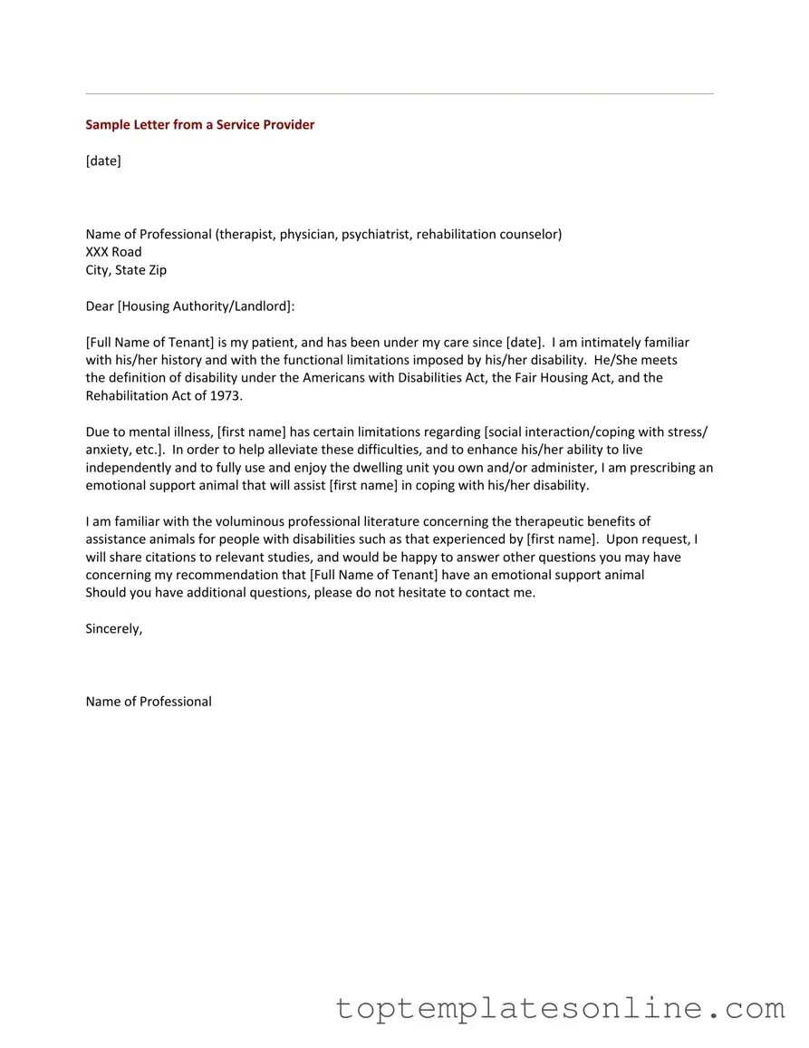 Fillable Emotional Support Animal Letter Form