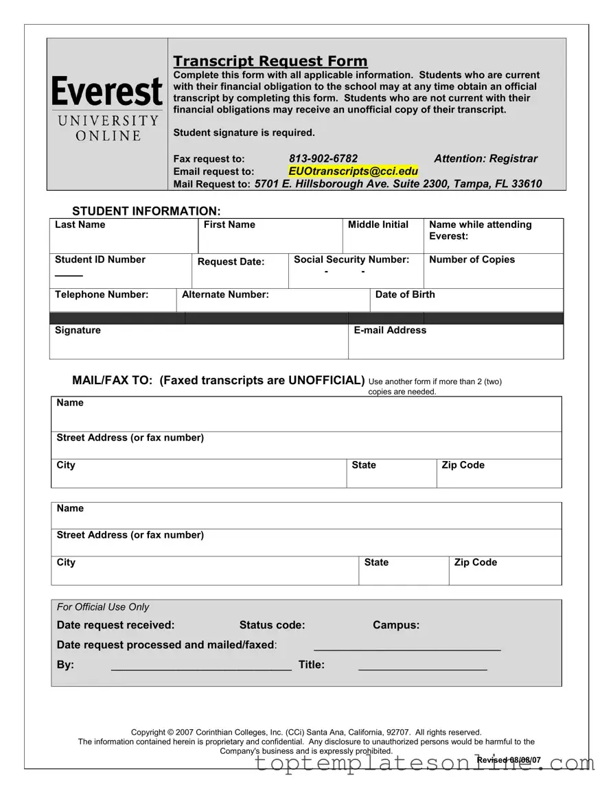 Fillable Everest University Transcript Form