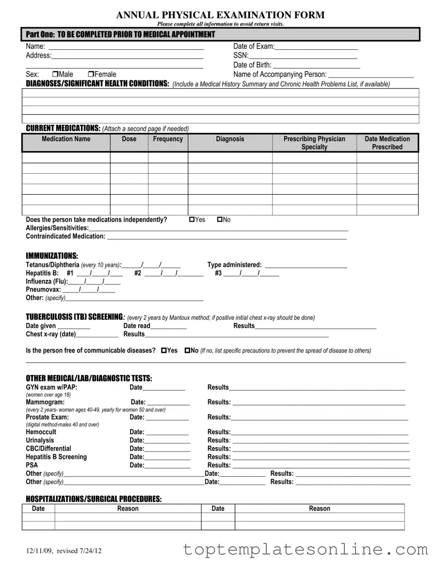 Fillable Annual Physical Examination Form