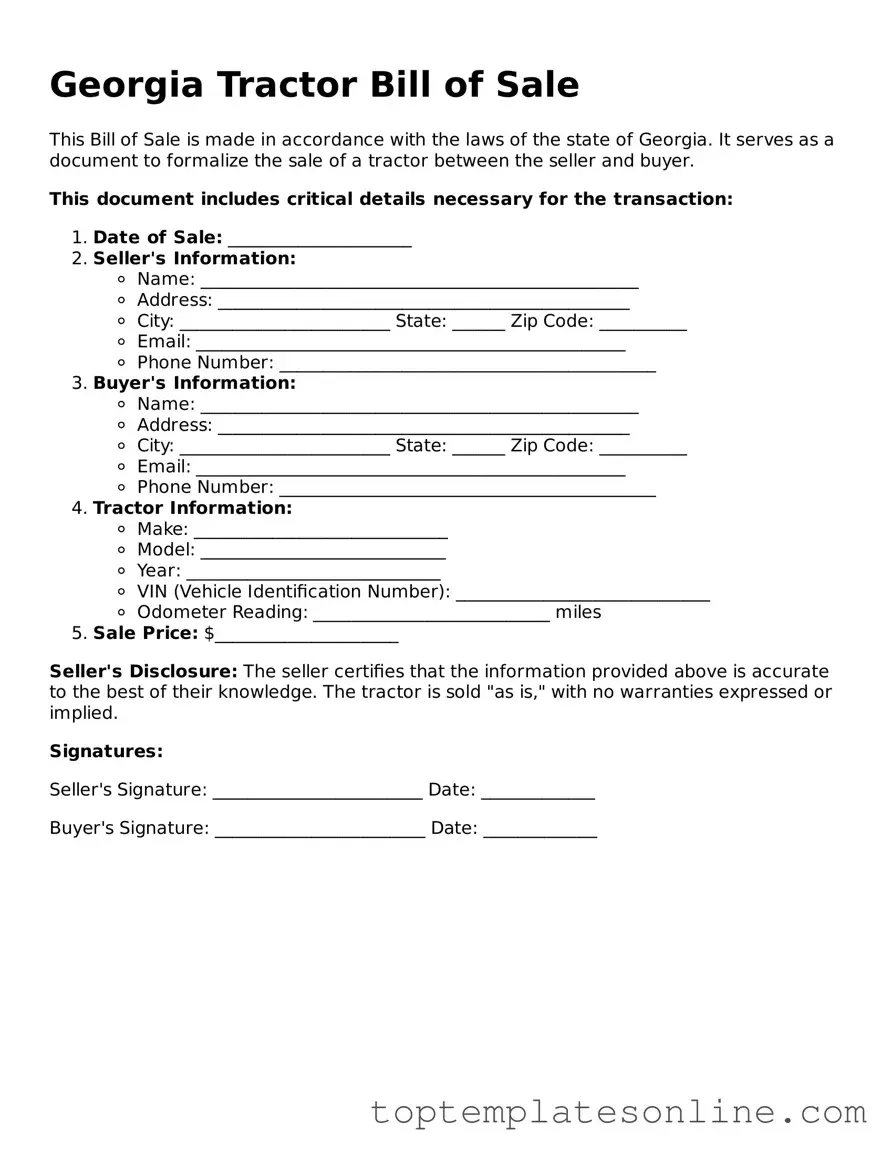 Blank Tractor Bill of Sale Template for Georgia State