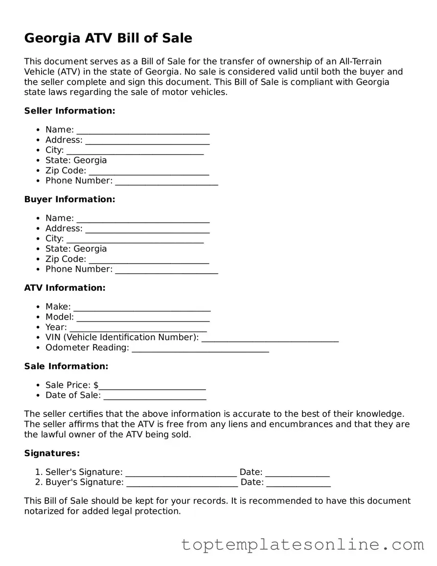 Blank ATV Bill of Sale Template for Georgia State