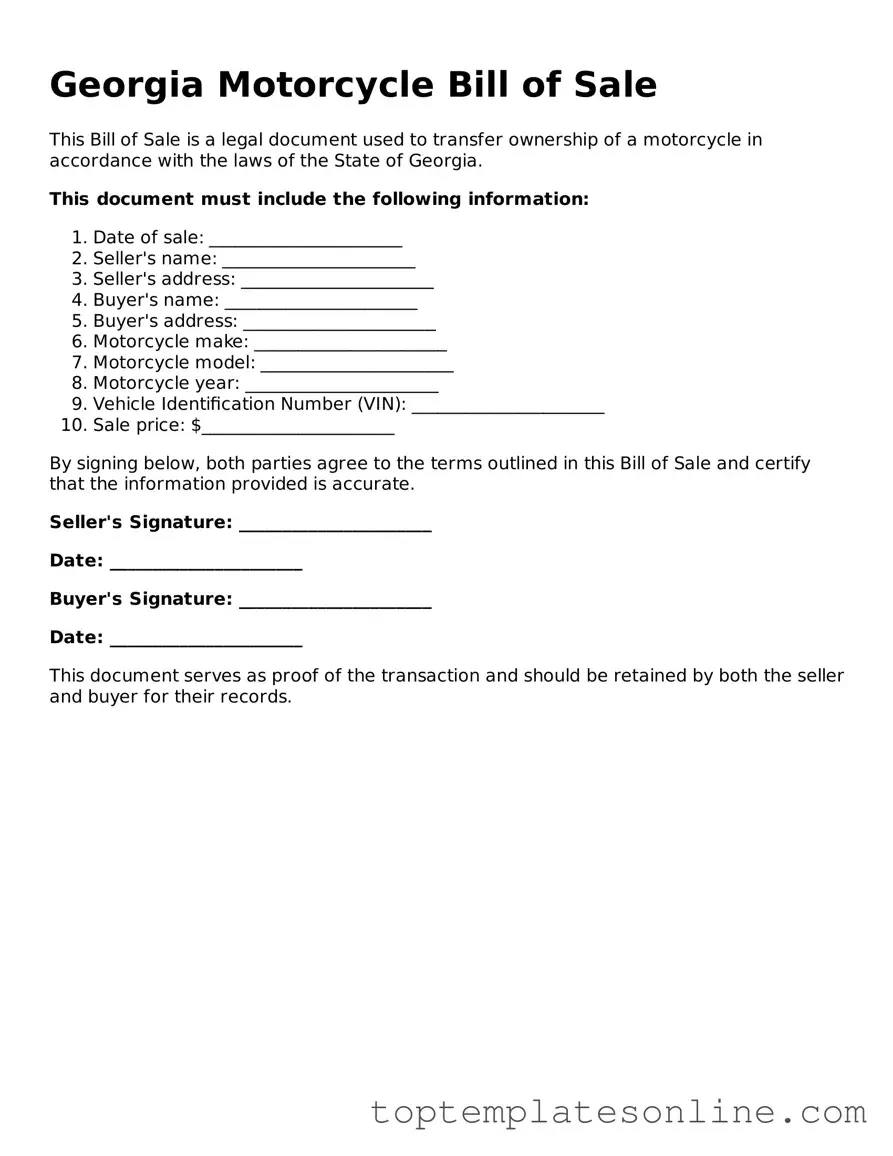 Blank Motorcycle Bill of Sale Template for Georgia State