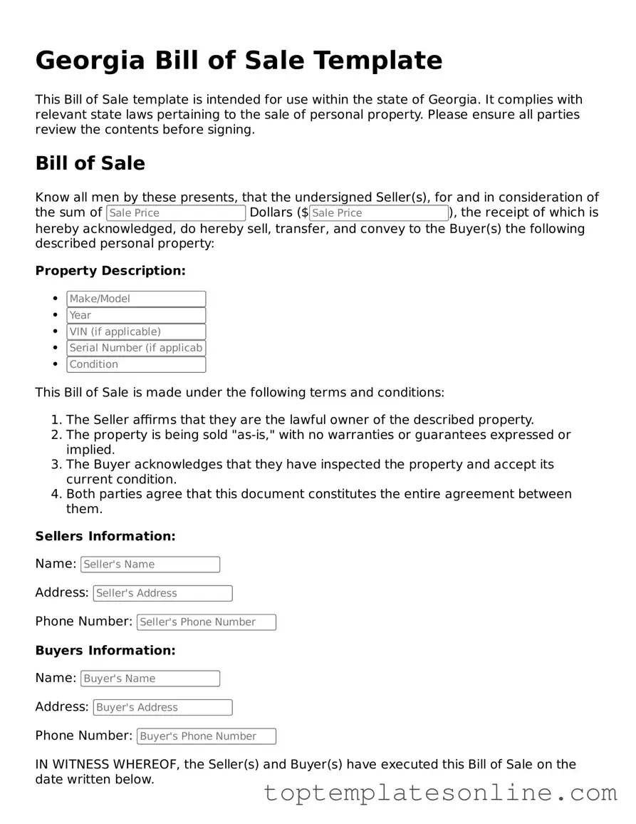 Blank Bill of Sale Template for Georgia State