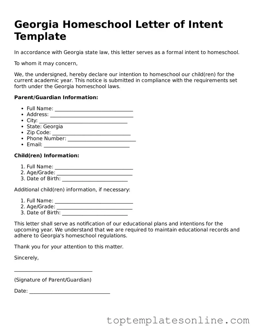 Blank Homeschool Letter of Intent Template for Georgia State