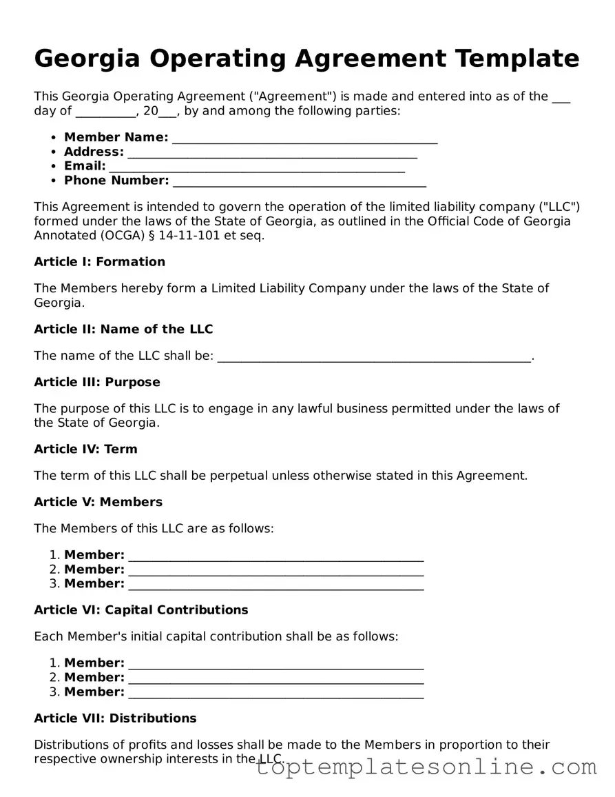 Blank Operating Agreement Template for Georgia State