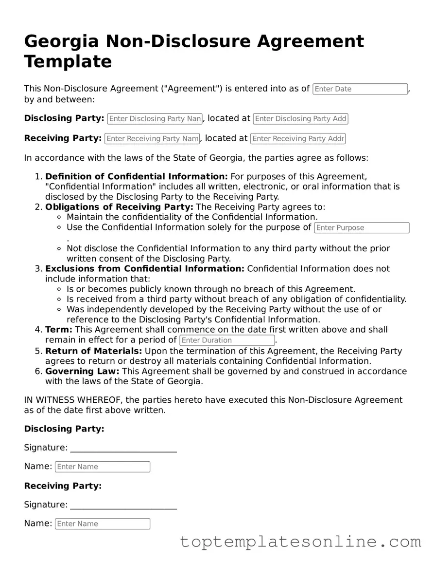 Blank Non-disclosure Agreement Template for Georgia State