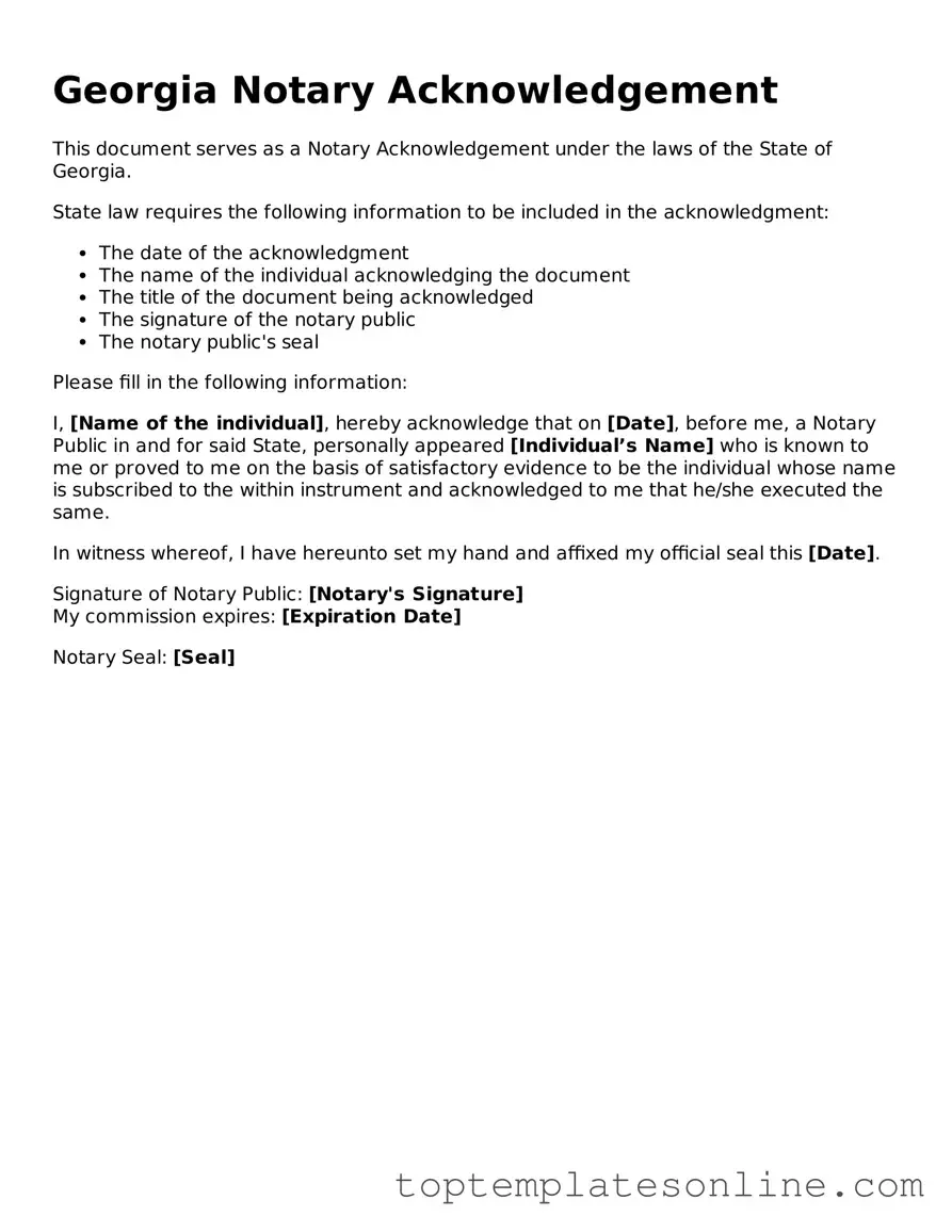 Blank Notary Acknowledgement Template for Georgia State
