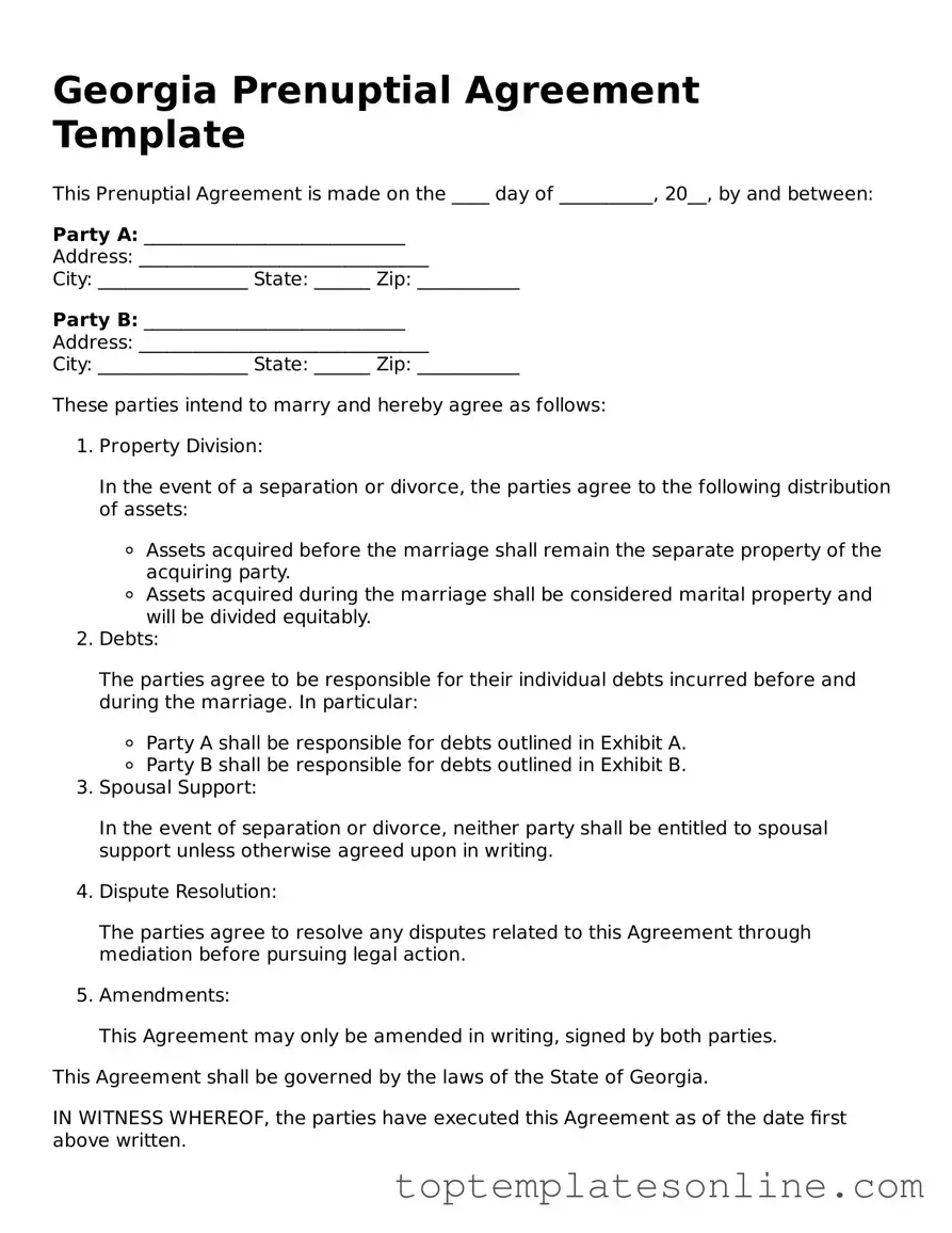 Blank Prenuptial Agreement Template for Georgia State