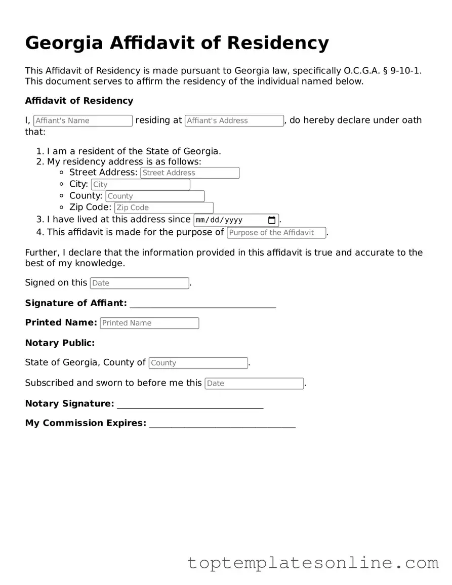 Blank Affidavit of Residency Template for Georgia State