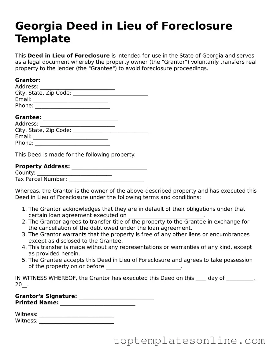 Blank Deed in Lieu of Foreclosure Template for Georgia State