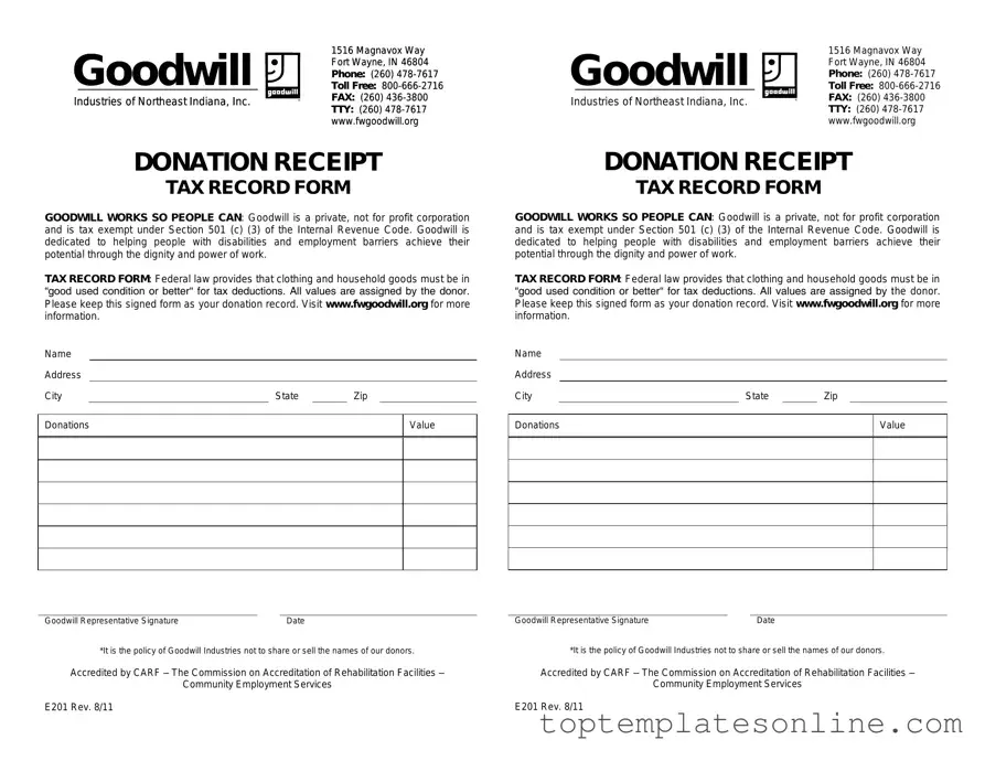 Fillable Goodwill donation receipt Form