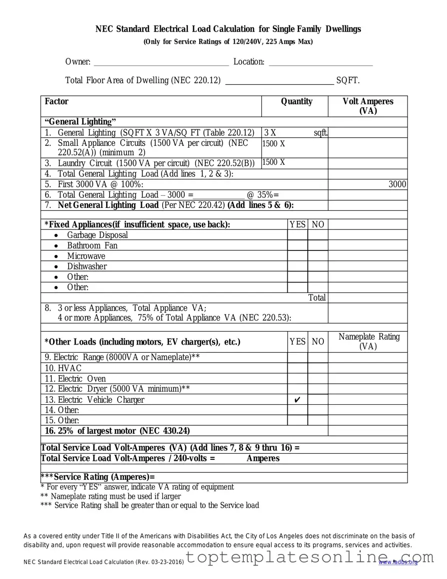 Fillable LADBS NEC Standard Electrical Load Calculation Form