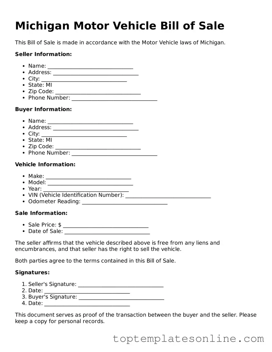 Blank Motor Vehicle Bill of Sale Template for Michigan State