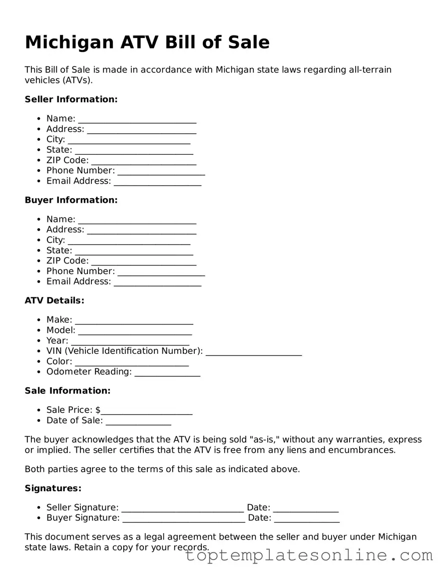 Blank ATV Bill of Sale Template for Michigan State