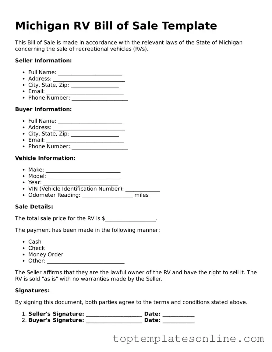 Blank RV Bill of Sale Template for Michigan State