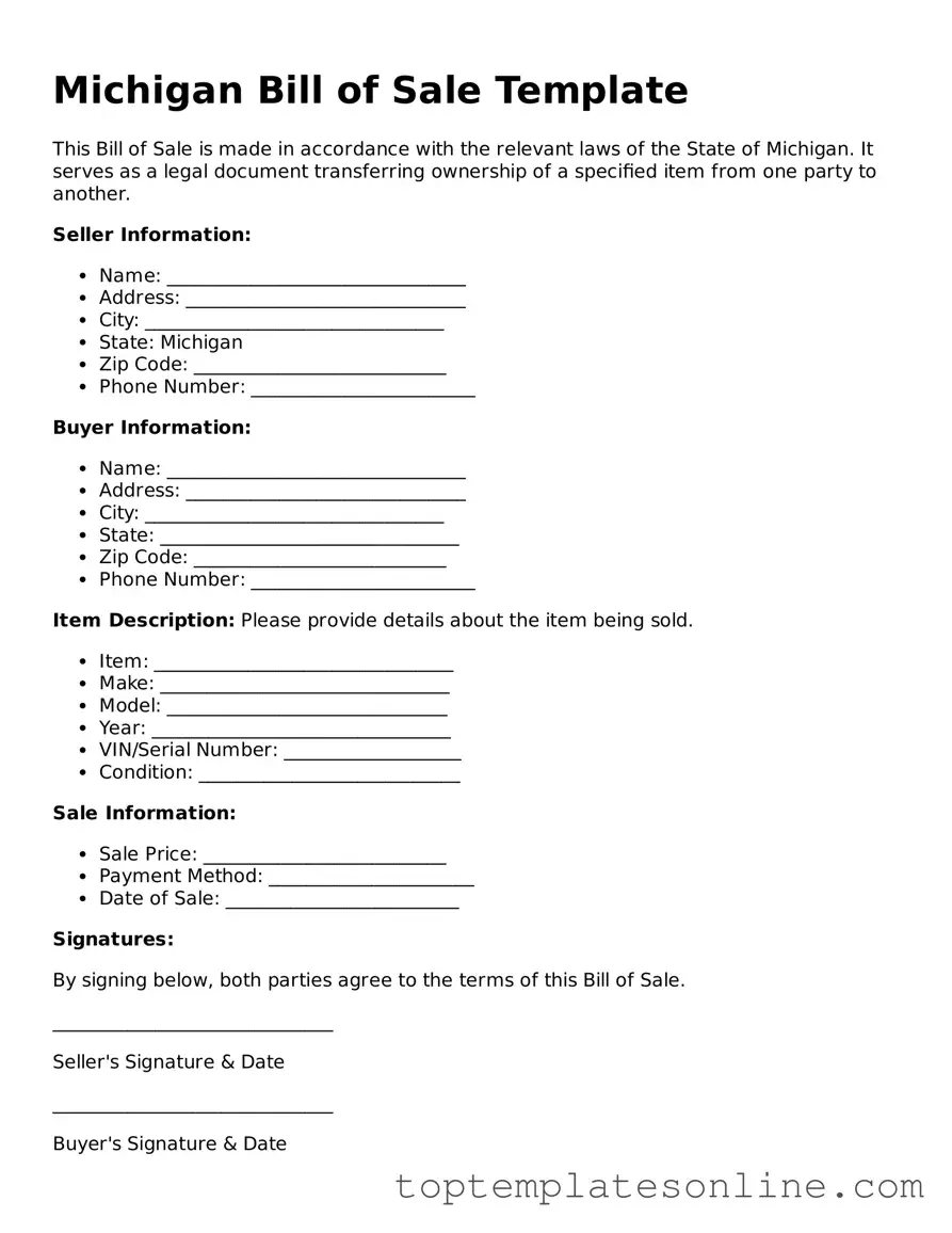 Blank Bill of Sale Template for Michigan State