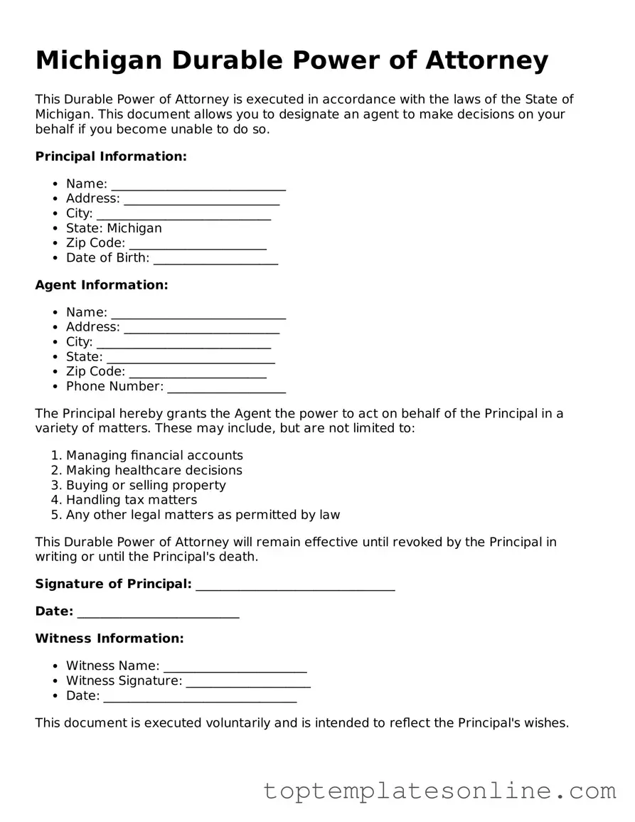 Blank Durable Power of Attorney Template for Michigan State