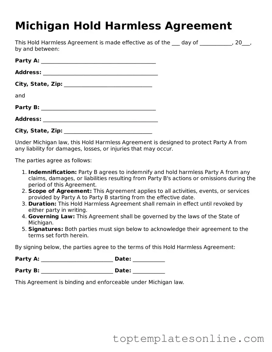 Blank Hold Harmless Agreement Template for Michigan State