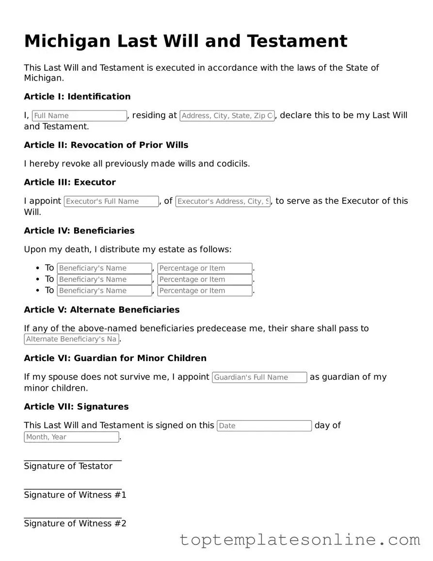 Blank Last Will and Testament Template for Michigan State