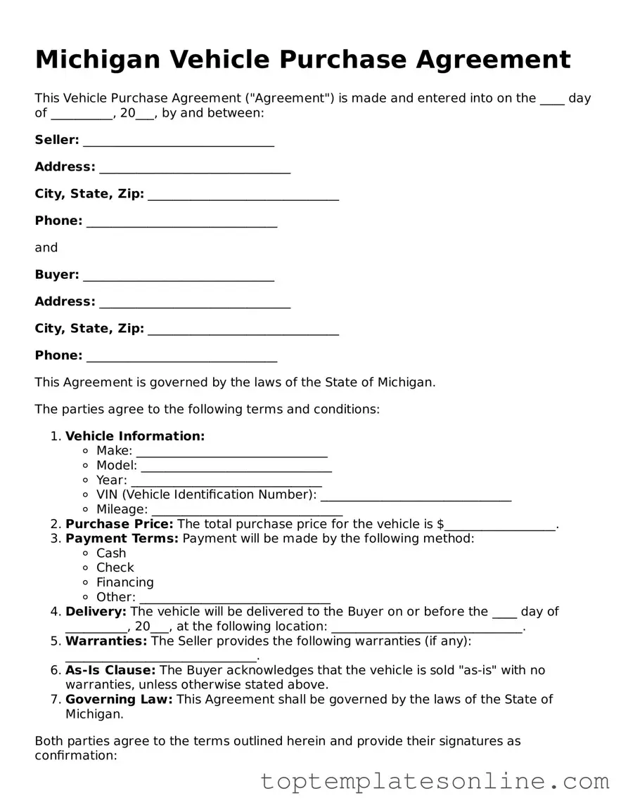 Blank Vehicle Purchase Agreement Template for Michigan State