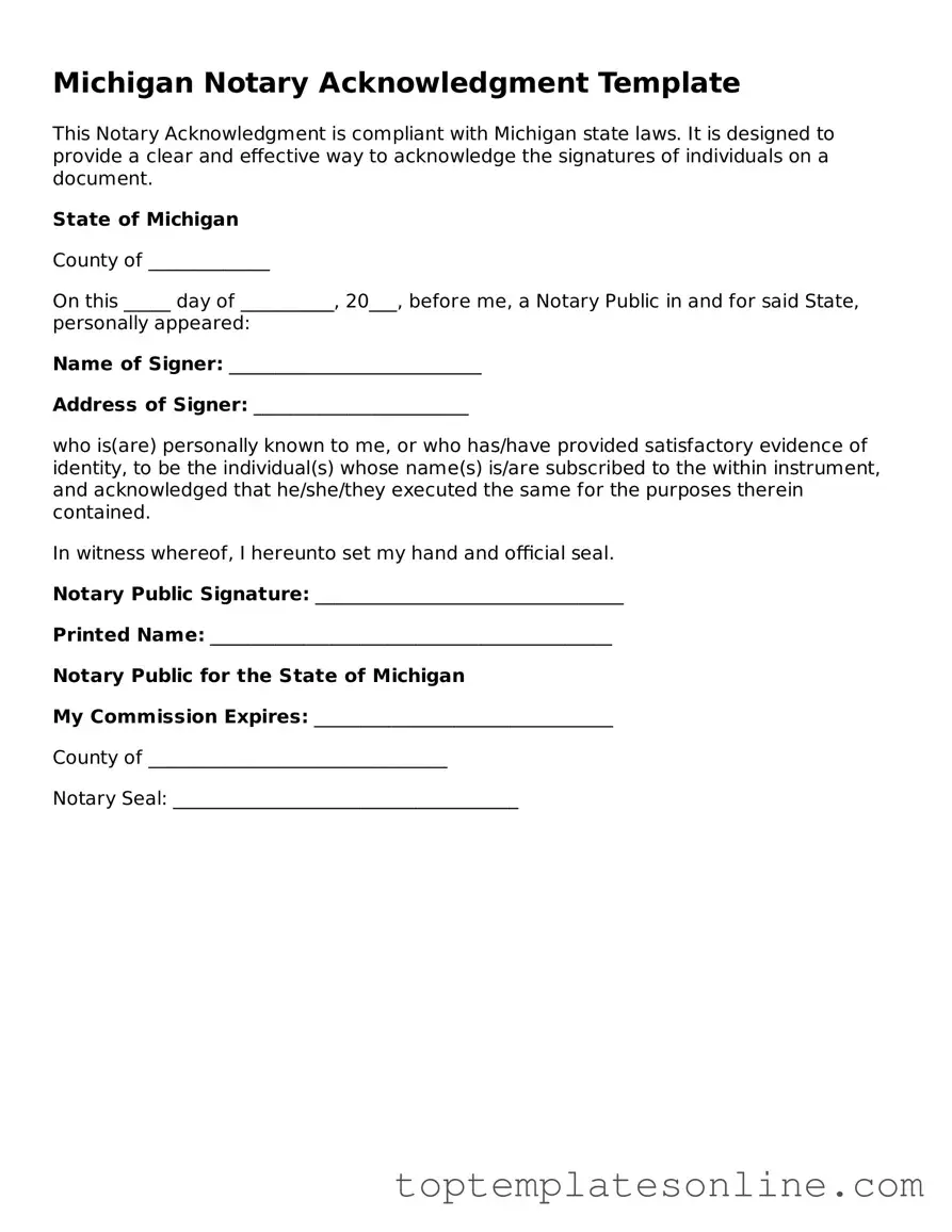 Blank Notary Acknowledgement Template for Michigan State