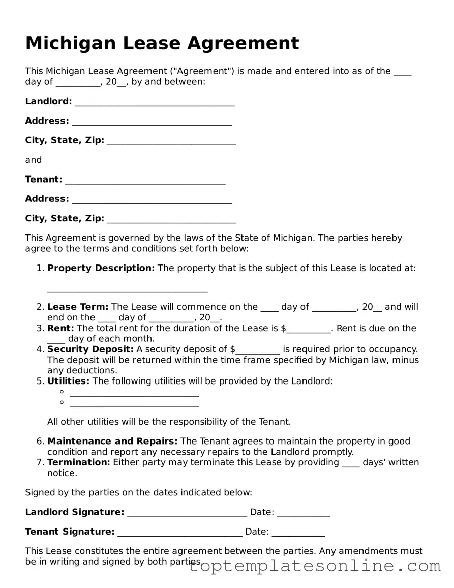 Blank Lease Agreement Template for Michigan State