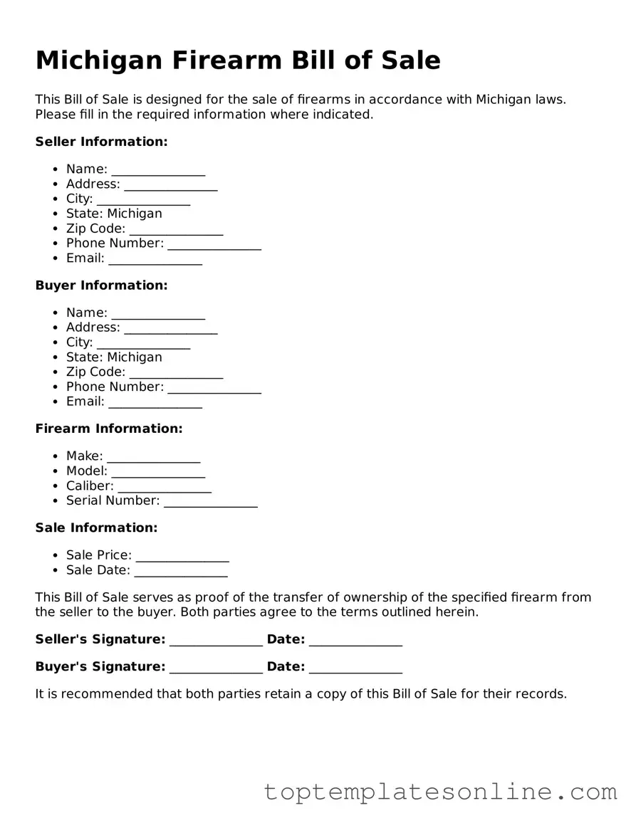 Blank Firearm Bill of Sale Template for Michigan State