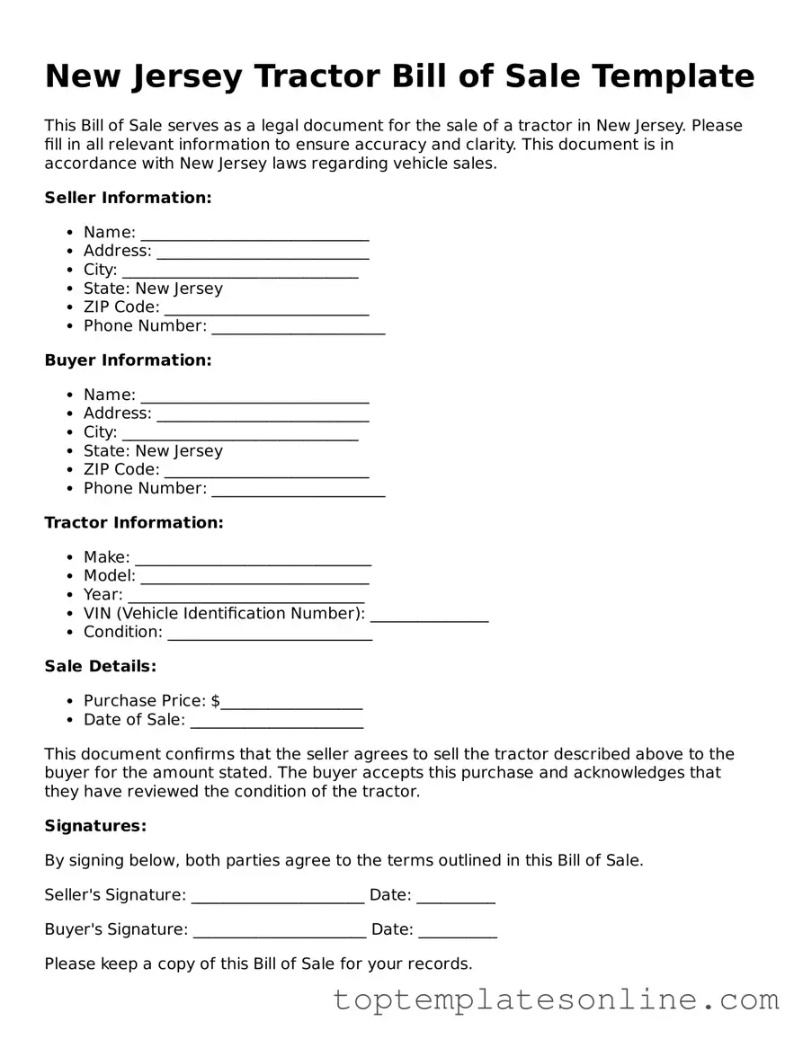 Blank Tractor Bill of Sale Template for New Jersey State