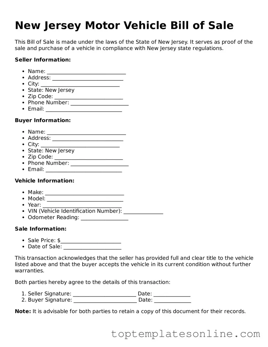 Blank Motor Vehicle Bill of Sale Template for New Jersey State