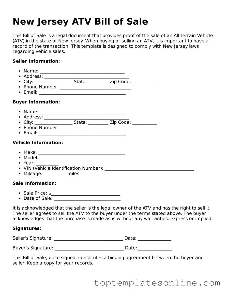 Blank ATV Bill of Sale Template for New Jersey State