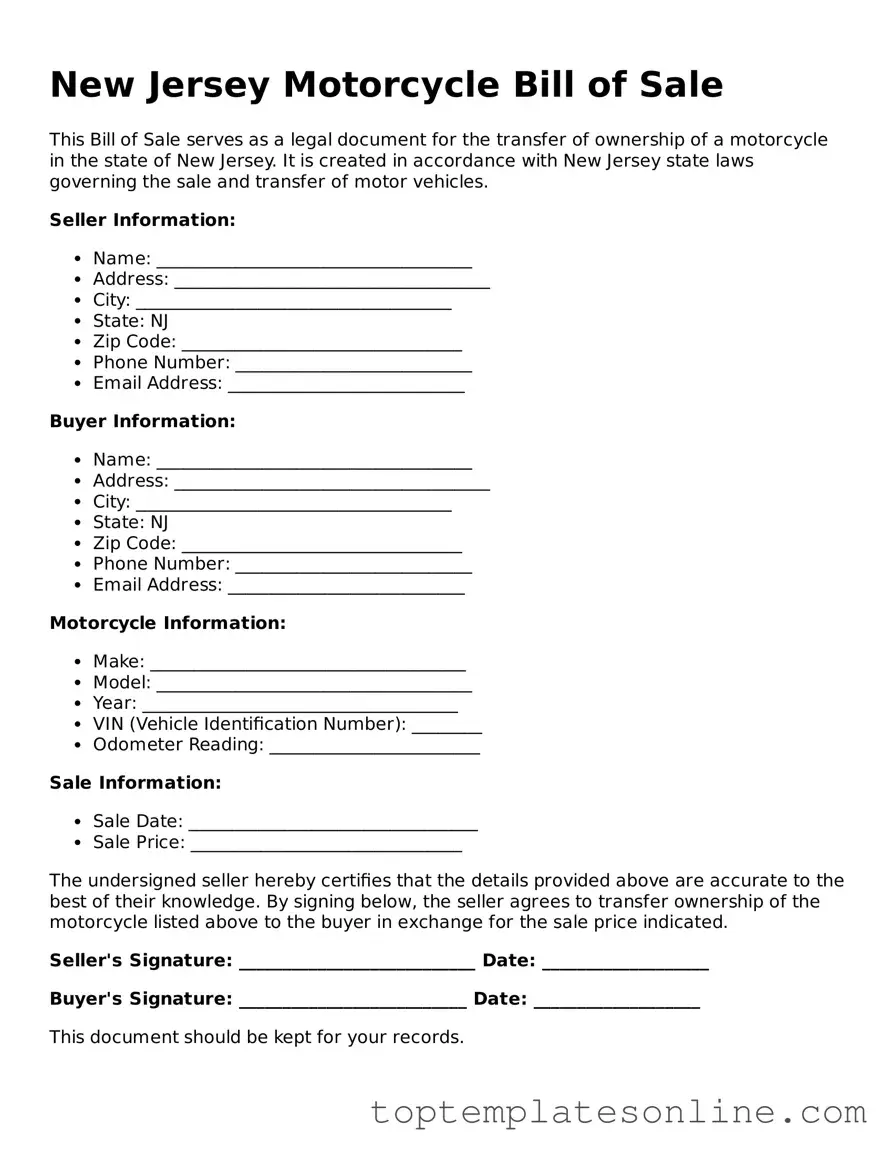 Blank Motorcycle Bill of Sale Template for New Jersey State