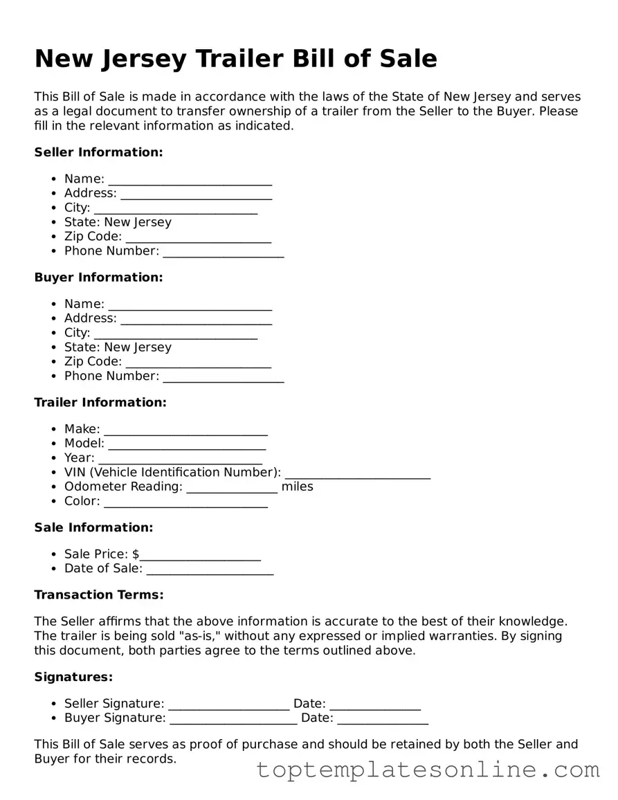 Blank Trailer Bill of Sale Template for New Jersey State