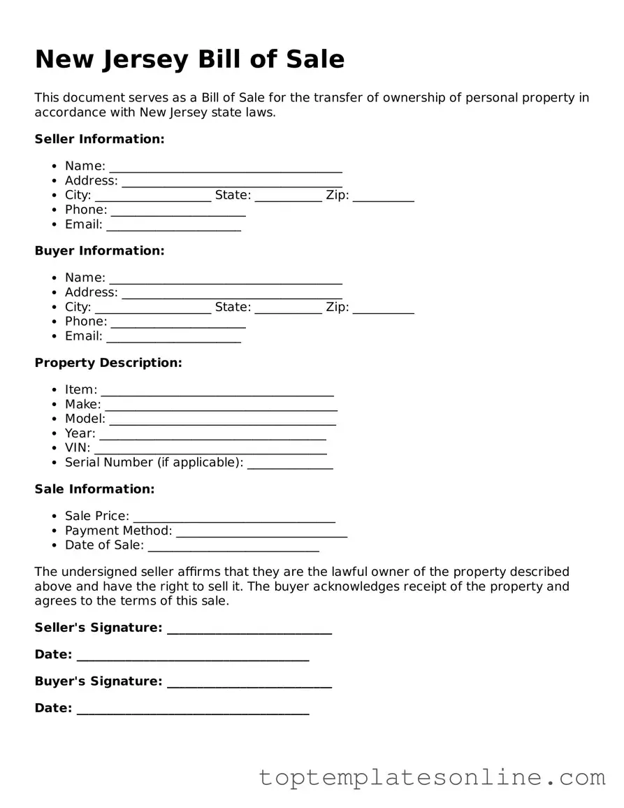 Blank Bill of Sale Template for New Jersey State